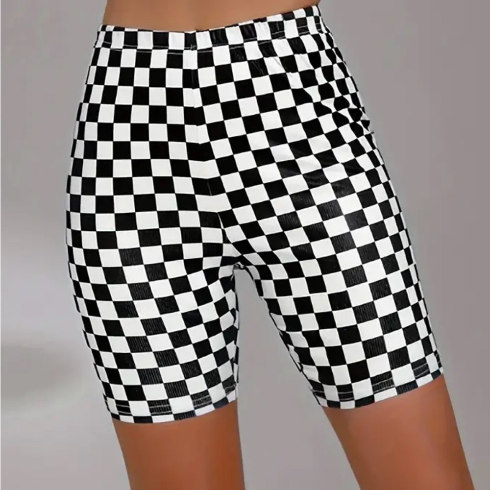 Stretchy White/Black Checkered Biker Shorts